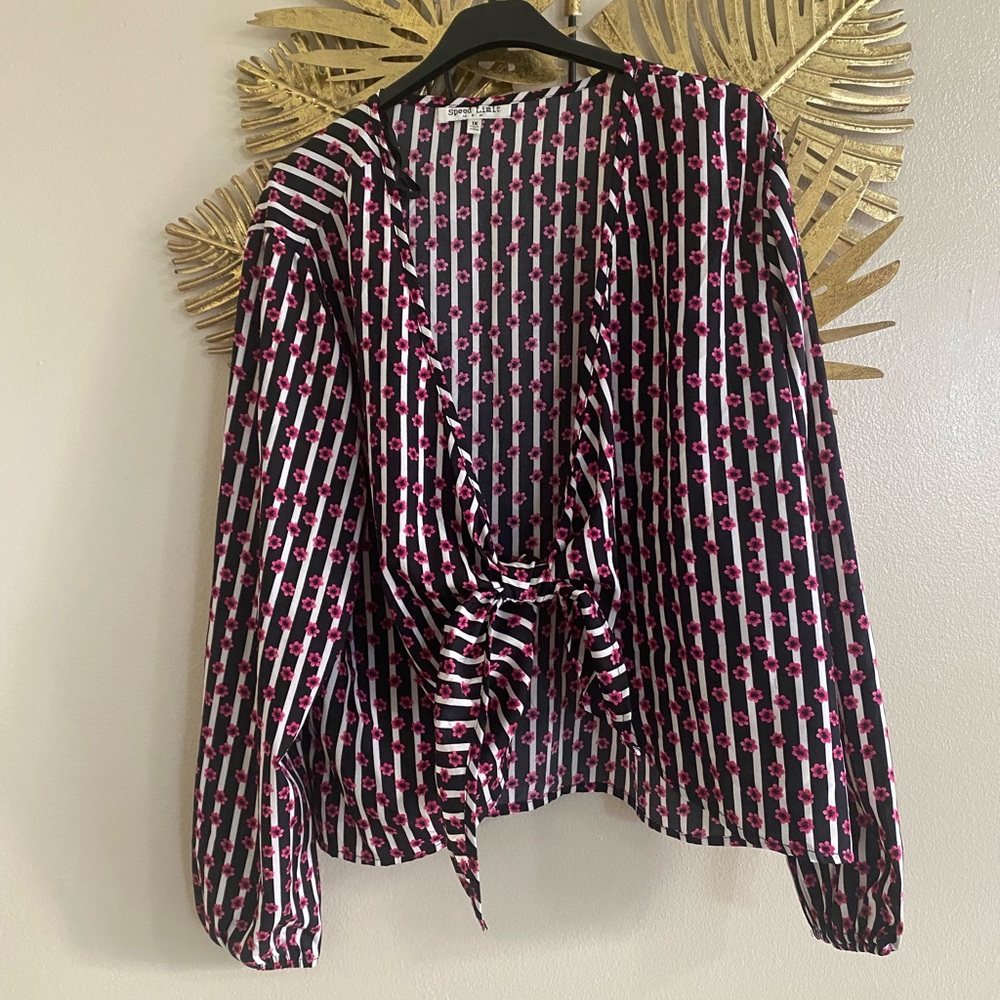 Speed Limit 98 Black and Pink Striped Floral Blouse